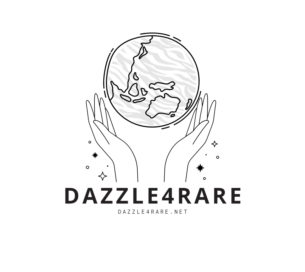White image with a black logo which shows two hands holding up the Earth with a suble zebra print on the globe. Under the hands it reads "Dazzle4Rare - dazzle4rare.net"