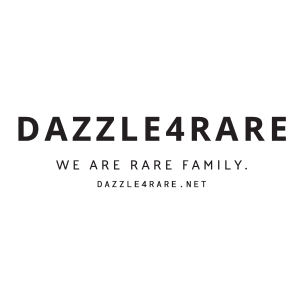 A white text-only logo for Dazzle4Rare which reads, "Dazzle4Rare. We are rare family. dazzle4rare.net"