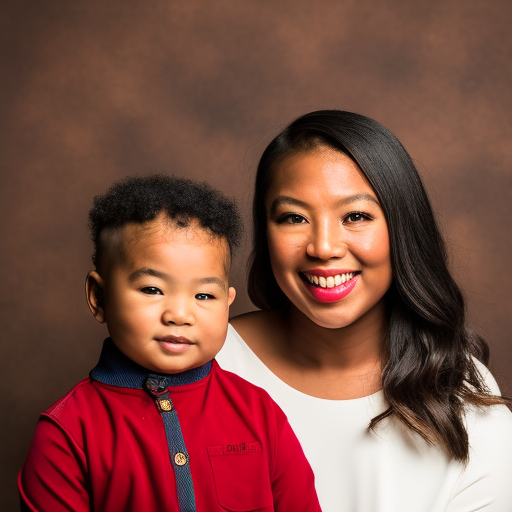 Photo of a child with a flat, widened nasal bridge. His mother is sitting next to him, smiling. There is a brown photography studio backdrop. The boy is wearing a red shirt and the mother is wearing a white blouse.