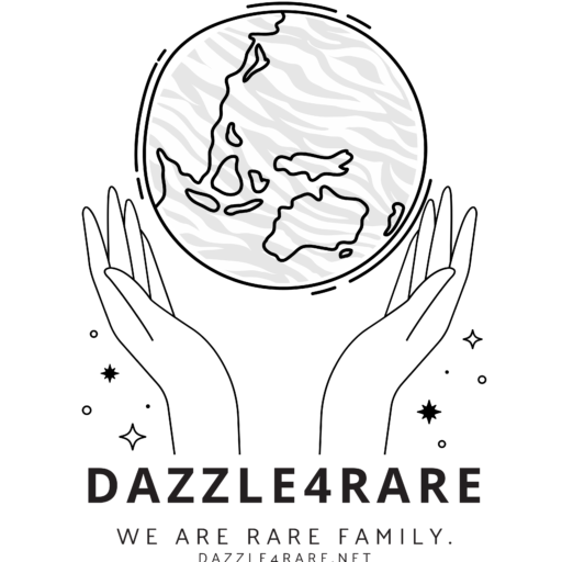 Dazzle4Rare 2023 logo A pair of hands holding up a zebra-print Earth with sparkles around the hands. It reads, "Dazzle4Rare - We are rare family," under the logo image.
