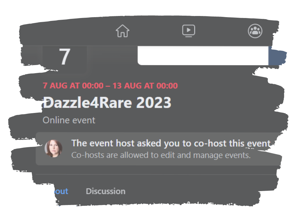 A screenshot of the 2023 Dazzle4Rare Facebook event page. The screenshot shows where co-hosts can find the co-host invitation as an example. 